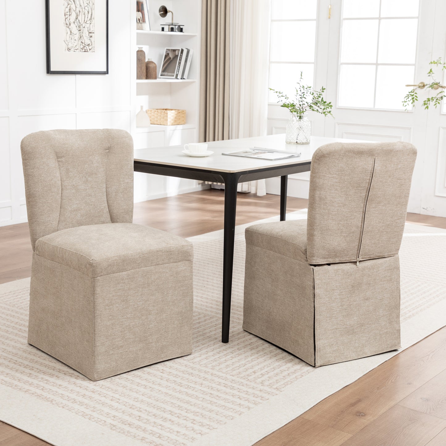 Modern Linen Dining Chairs with Padded Seat - Set of 2 (Brown)
