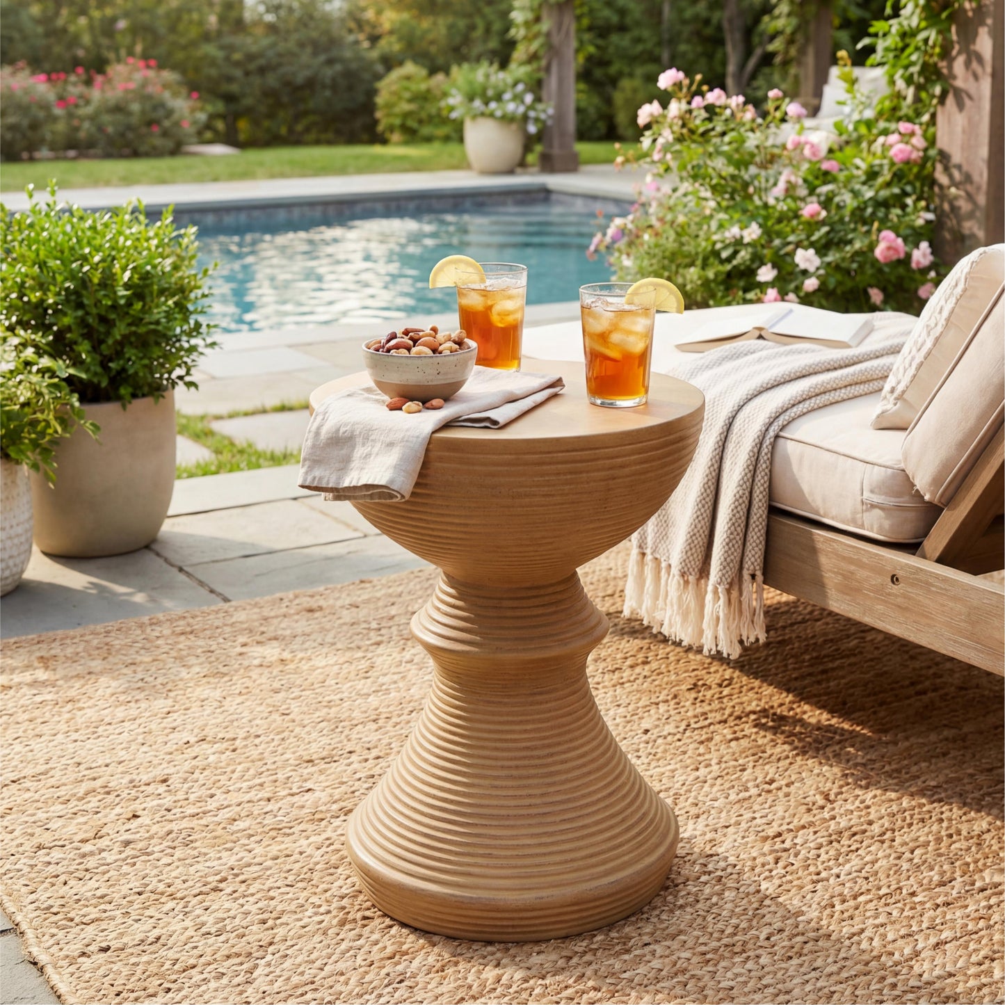 16 Ribbed Natural Concrete Outdoor Side Table With Hourglass Design