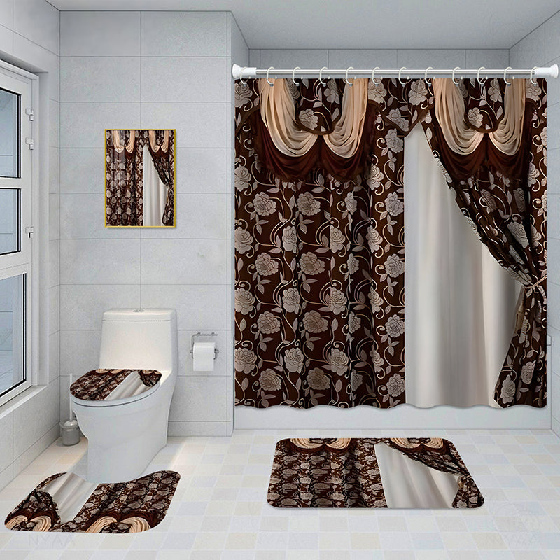 Bathroom 5-Piece Shower Curtain Set with Mat and Decorative Aluminum Frame