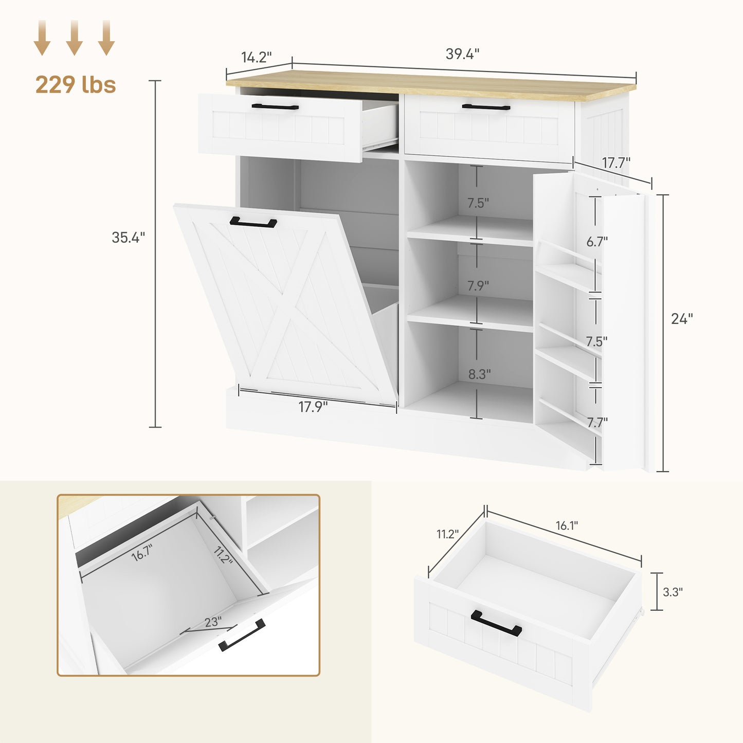 Farmhouse Kitchen Cabinet with Hidden Trash Can & 2 Drawers - White