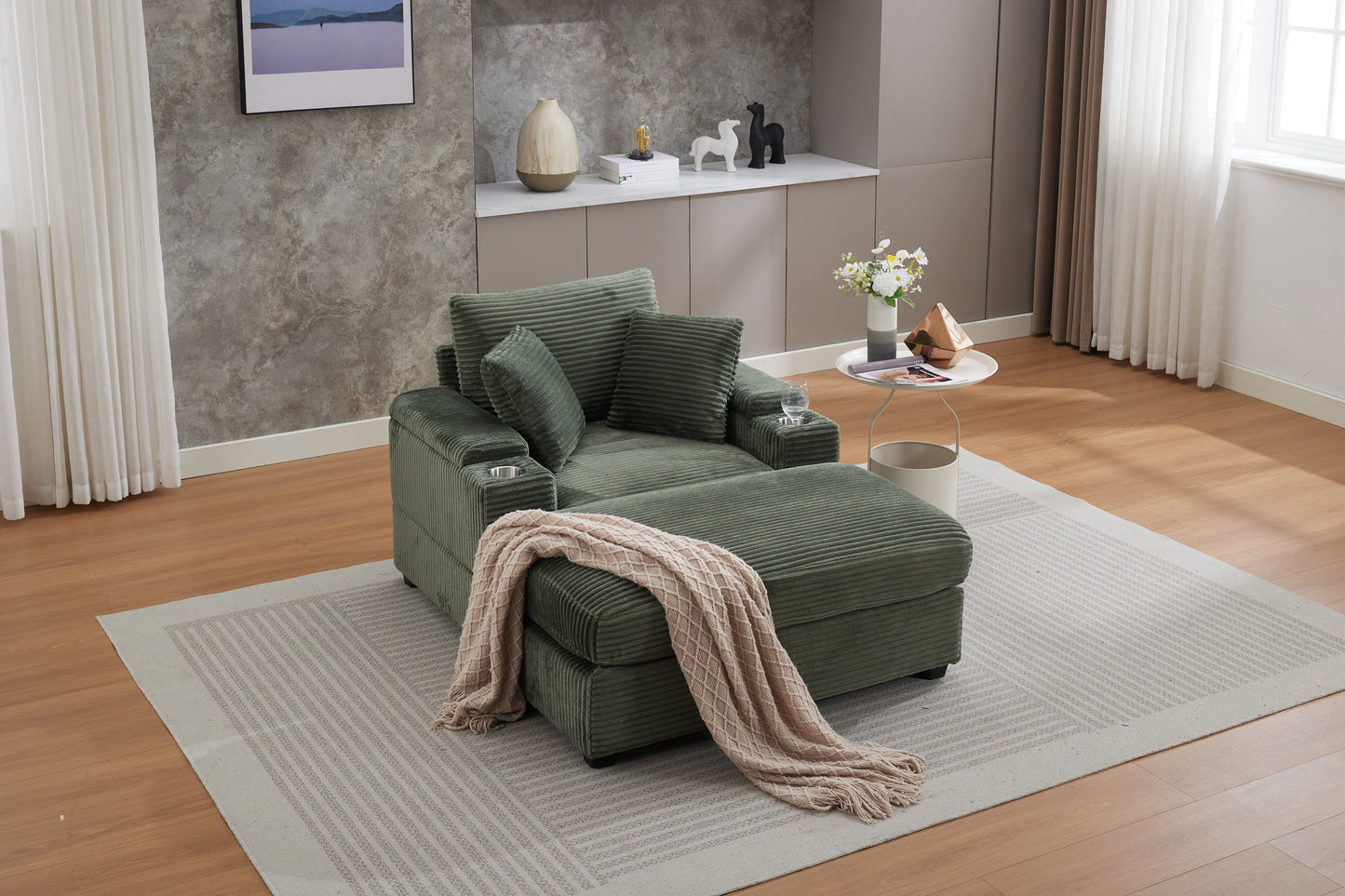 Corduroy Upholstered Chaise Lounge Sofa with Storage - Dark Green