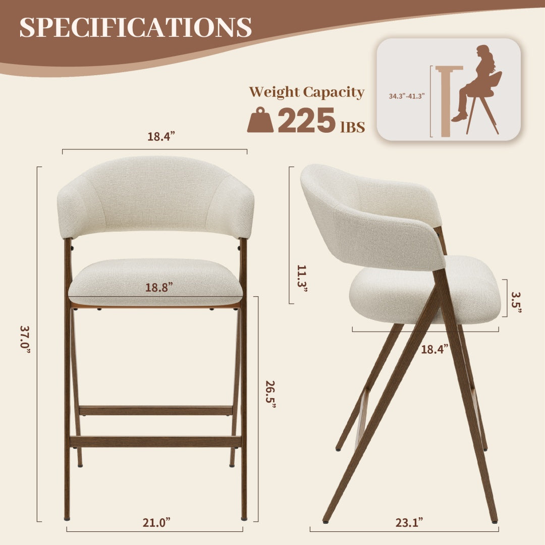 Counter Height Bar Stools Set of 2 - Upholstered with Metal Legs, Beige
