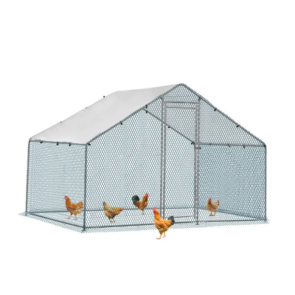 Large Metal Chicken Coop 6.5x6.5x6.5 ft with Rain Cover & Pointed Roof