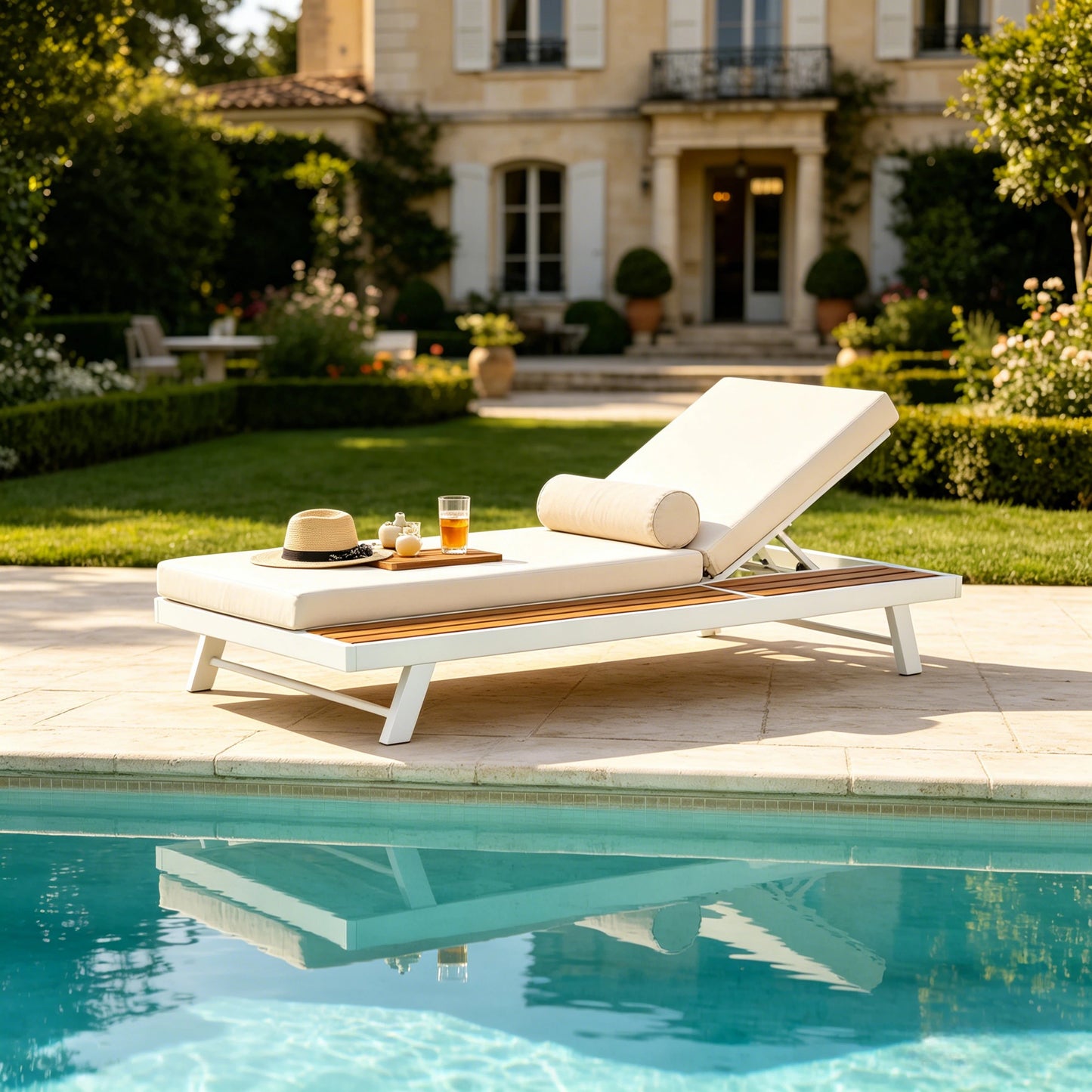 Teak Finish Chaise Lounge Set with Cream Cushion - 400 lbs Capacity