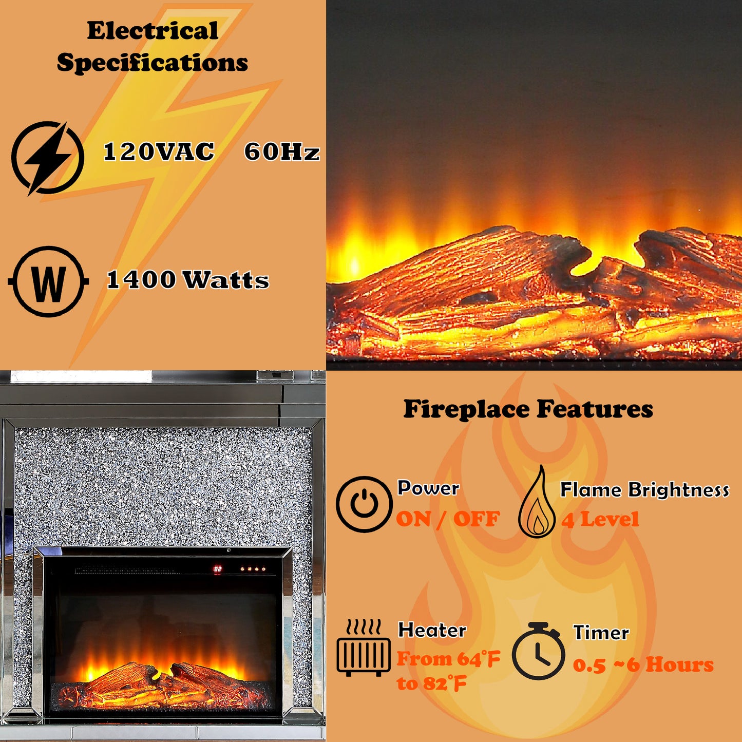 Mirrored Faux Diamonds Electric Fireplace - Silver