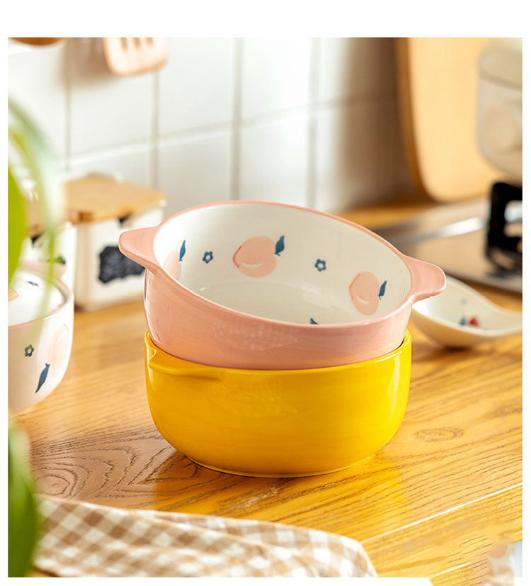 Ceramic Double-Ear Soup Bowl 7-Inch Large Porcelain Noodle Bowl Peach