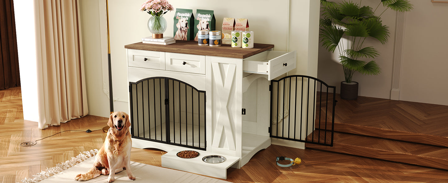 Farmhouse Dog Crate Furniture with 3 Drawers - Beige Brown