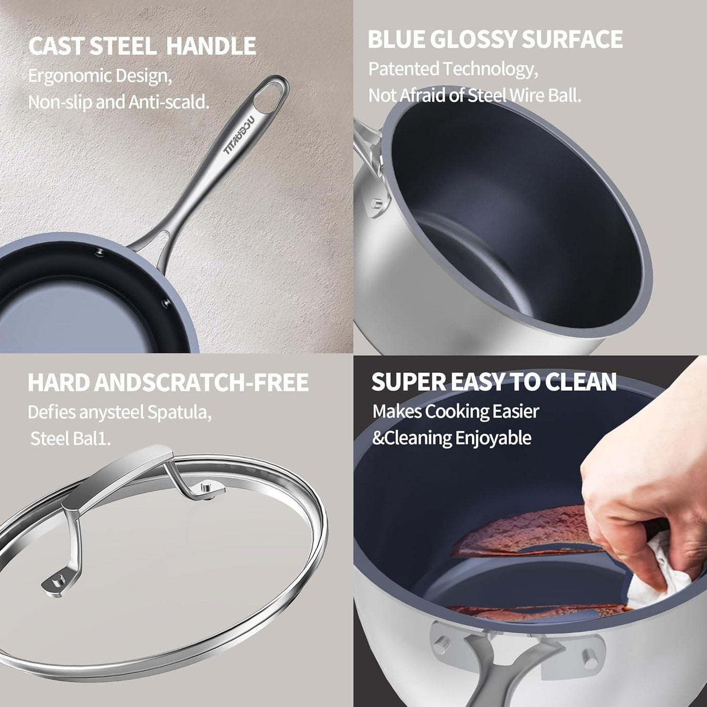 2.2 Quart Titanium Stainless Steel Non-Stick Frying Pan with Lid