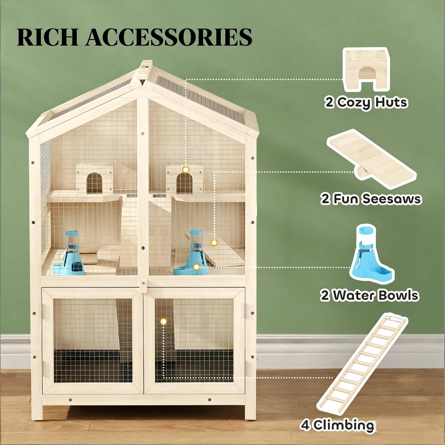 3-Tier Hamster Cage - Wooden Small Animal Habitat with Clear Panels