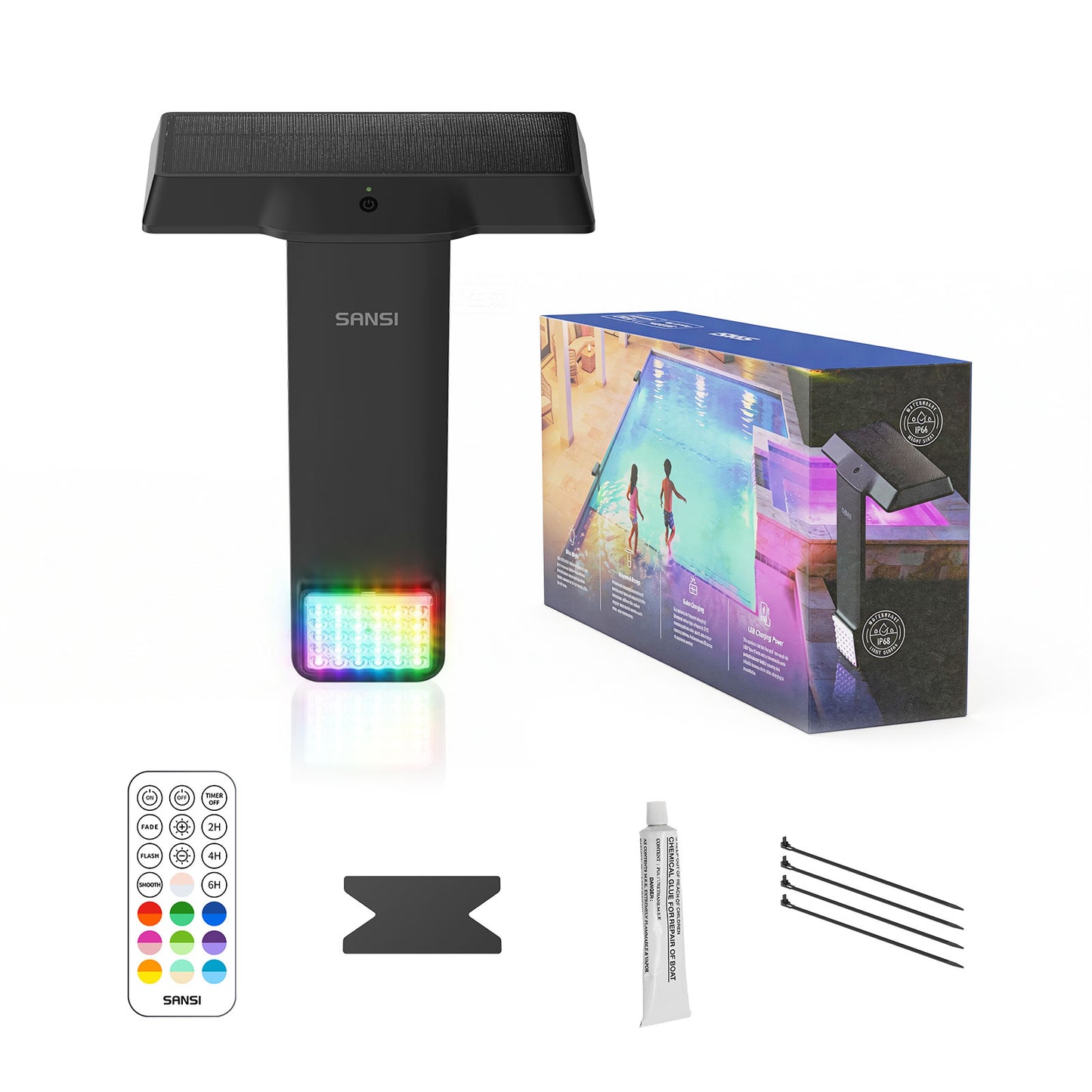 Solar Pool Light RGB with Remote, 20 Colors, 4 Modes, Waterproof IP68, Rechargeable, Easy Magnetic Mount