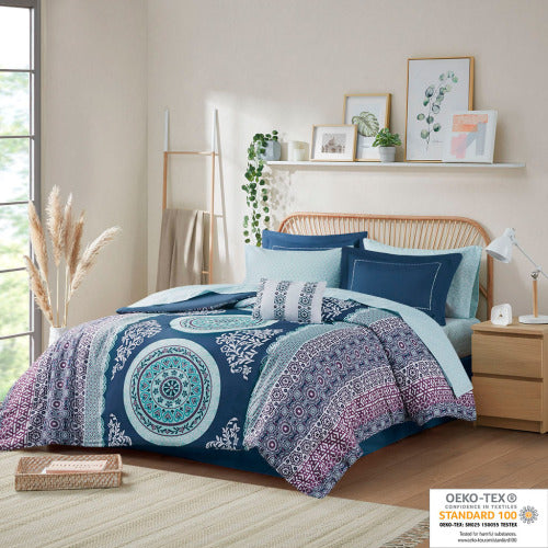 Queen Boho Comforter Set with Bed Sheets - Navy
