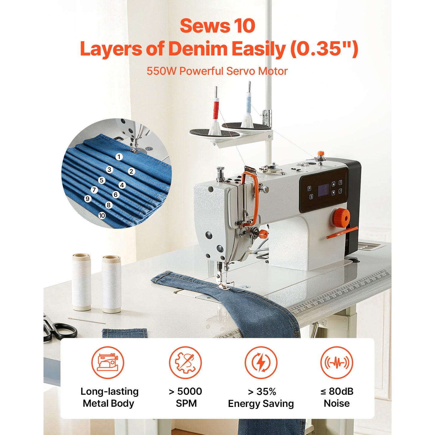 Industrial Sewing Machine 550W Lockstitch Set with Servo Motor & Table Stand