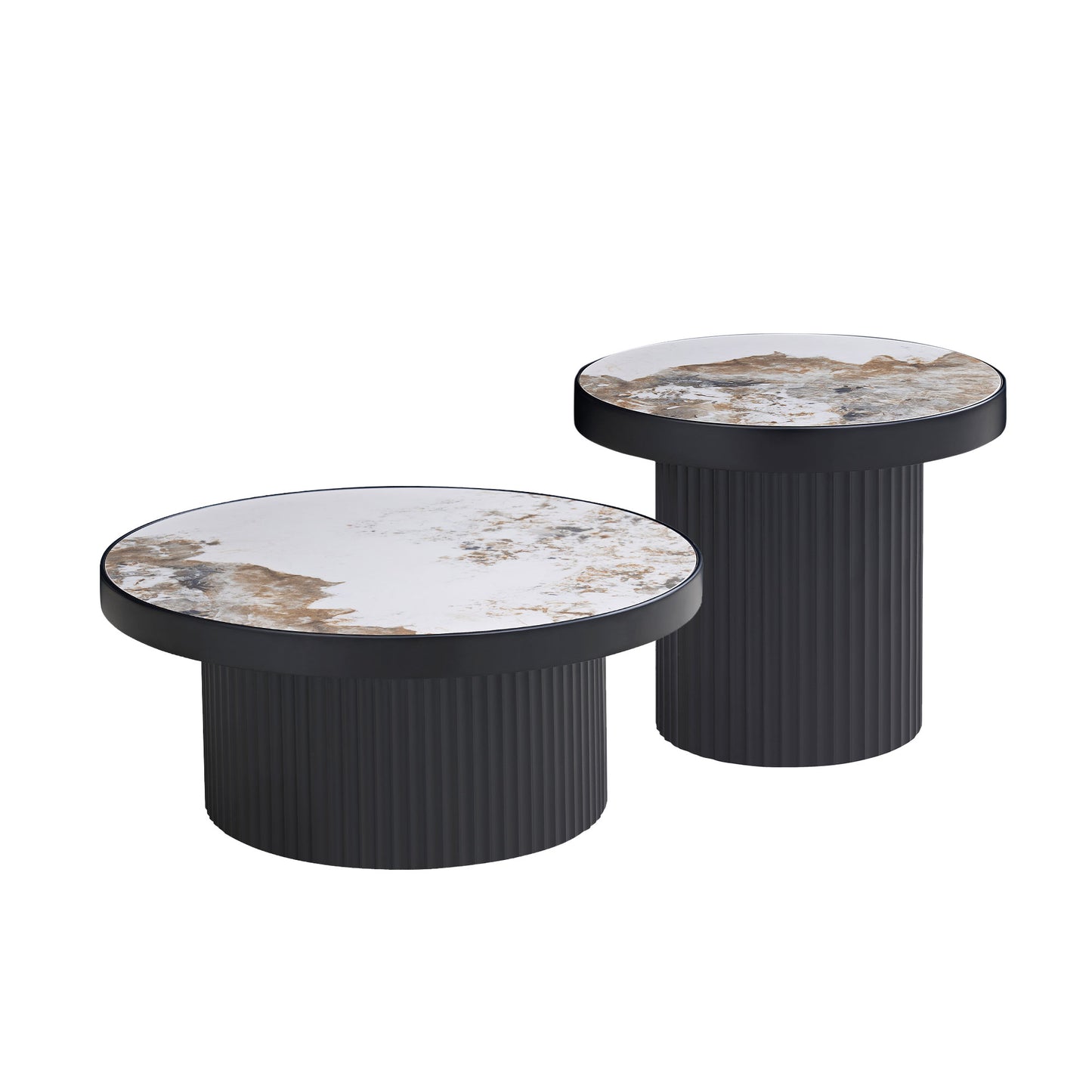 Set of 2 Round Coffee Tables with Sintered Stone Top - Black
