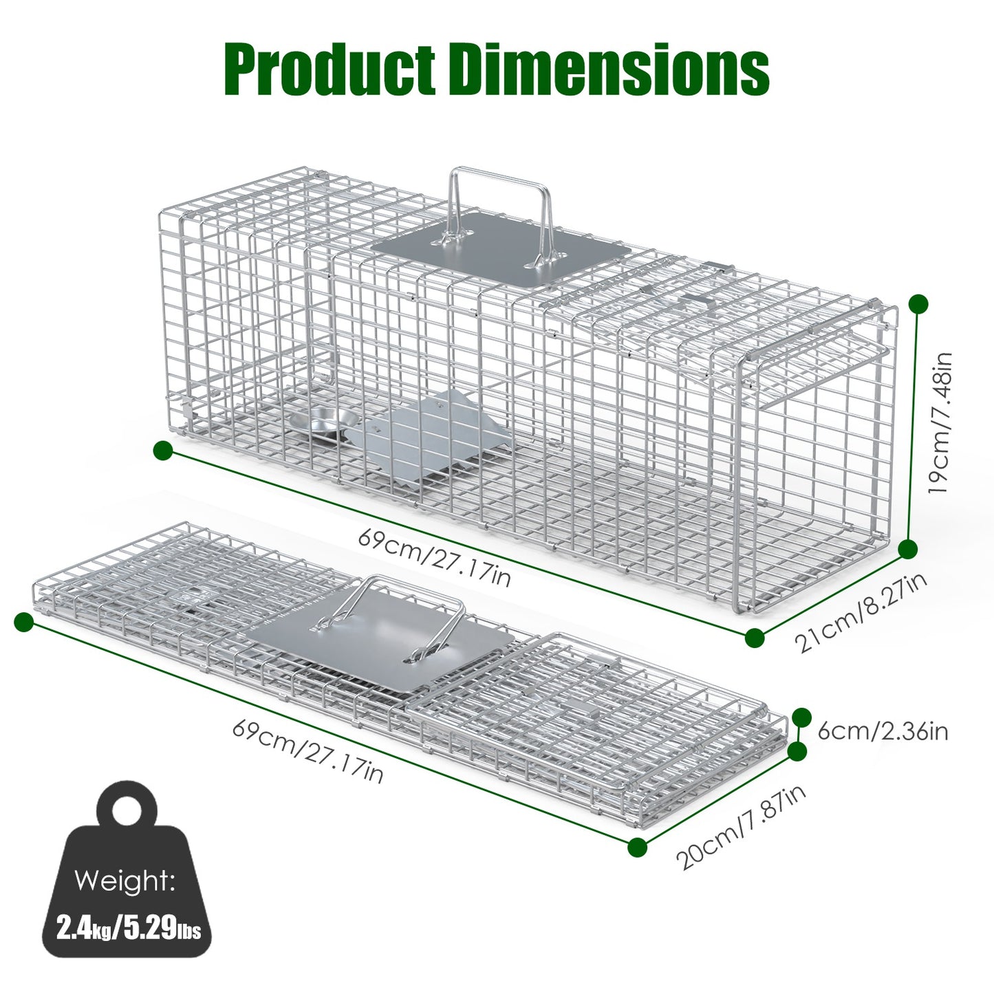 Humane Live Animal Trap Cage - 27x7.5x8in for Cats & Small Animals