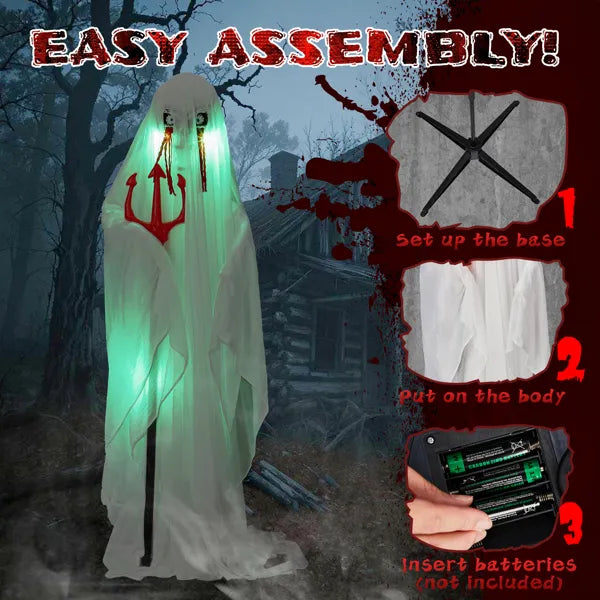Life Size Animatronic Ghost Decoration with Trident - Sound Activated with Green Lights