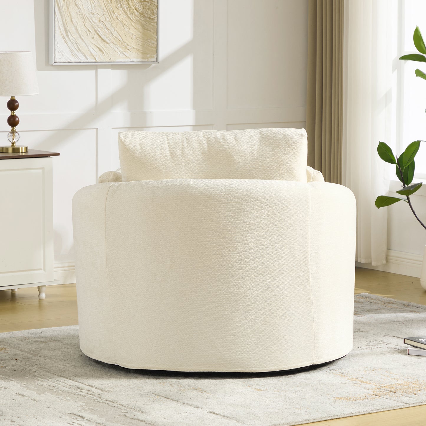 360° Swivel Barrel Chair with Chenille Fabric & 3 Pillows - Beige