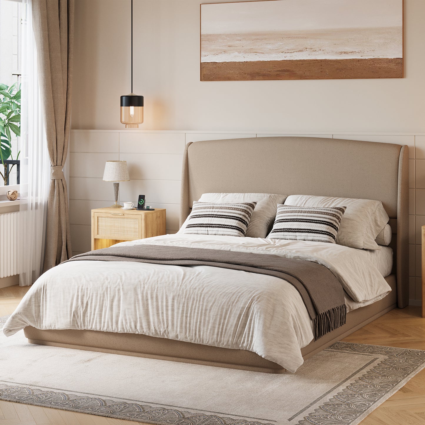Upholstered Queen Bed Frame With Wingback Headboard, Low Profile