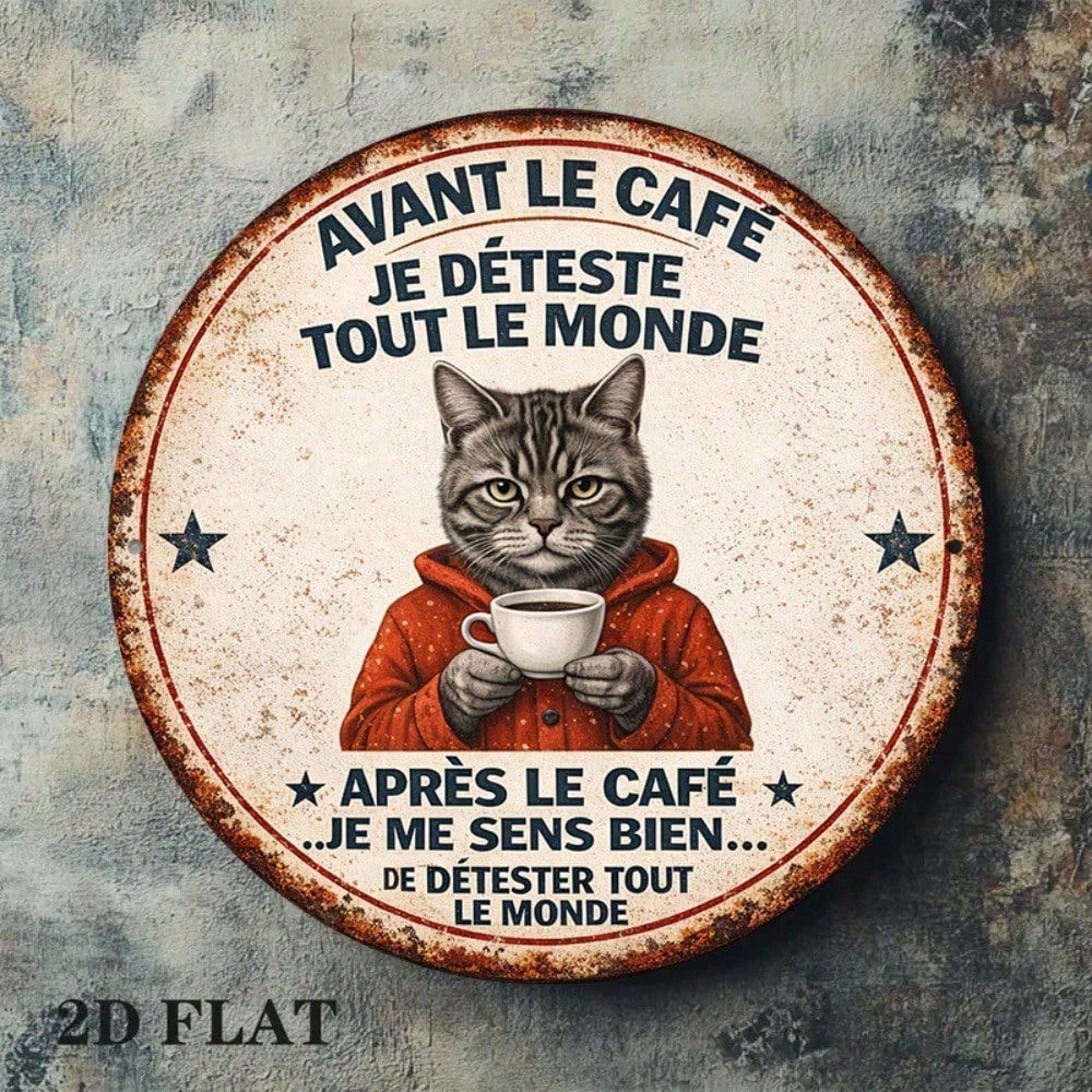 Vintage French Lover Cat Round Metal Wall Sign - 8x8in