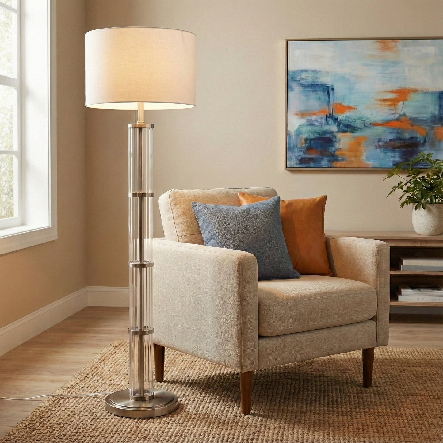 Nimbus Brushed Nickel Floor Lamp With 3-Way Rotary Clear Glass Body
