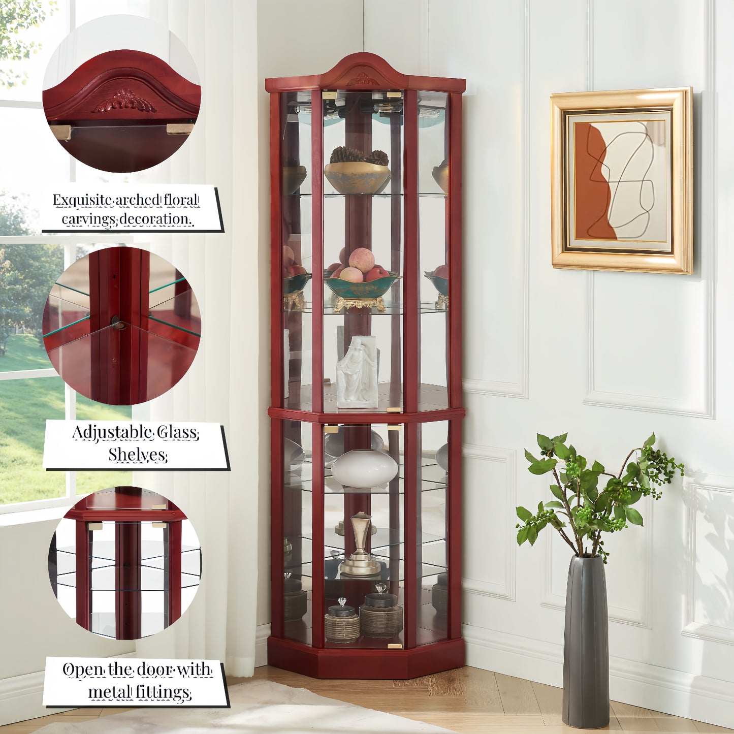 Glass Cabinet Lighted Corner Display Curio Cabinet, With Light