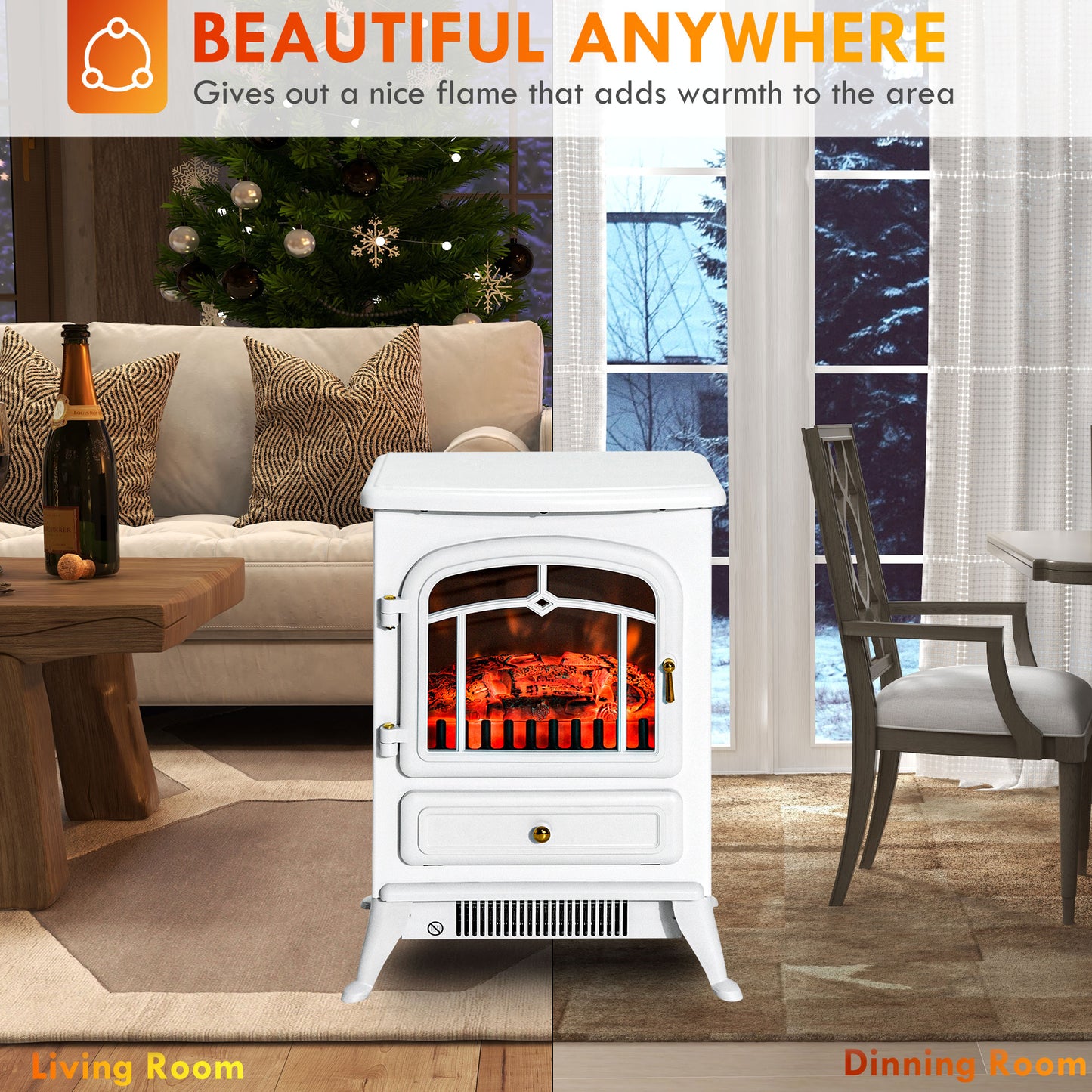 Electric Fireplace Heater with Realistic LED Flame and Logs - White, 725W/1450W