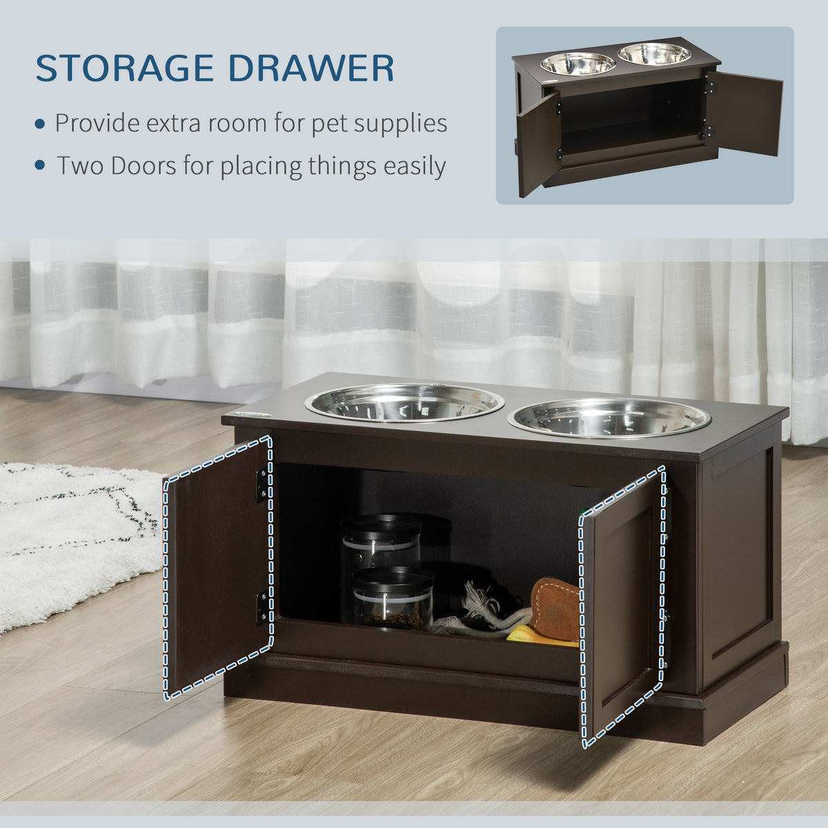 Elevated Dog Bowls with Storage for Large Dogs - Stainless Steel & Wooden Frame