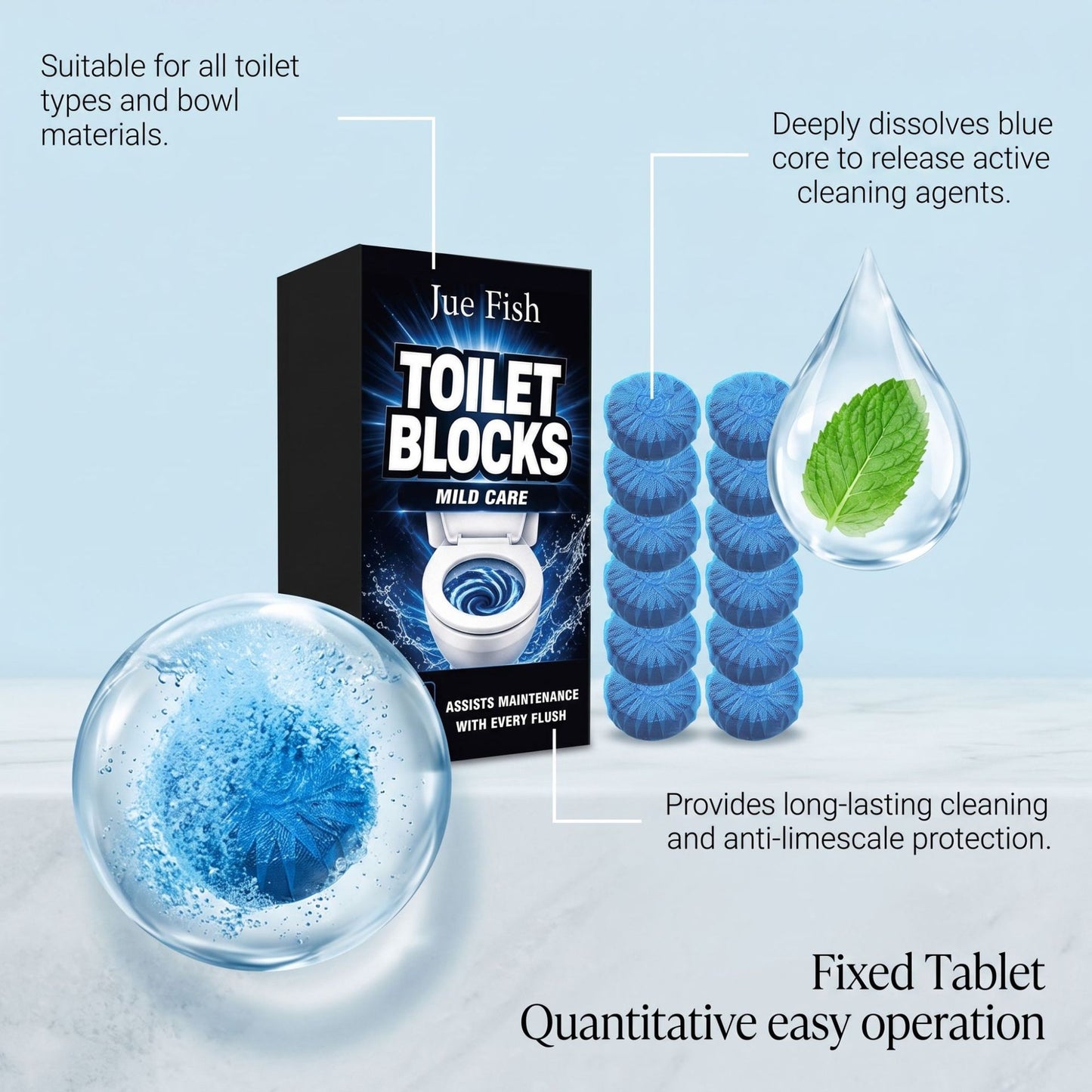 Toilet Cleaner Tablets 12-Pack - Fresh Fragrance, Stain & Odor Removal