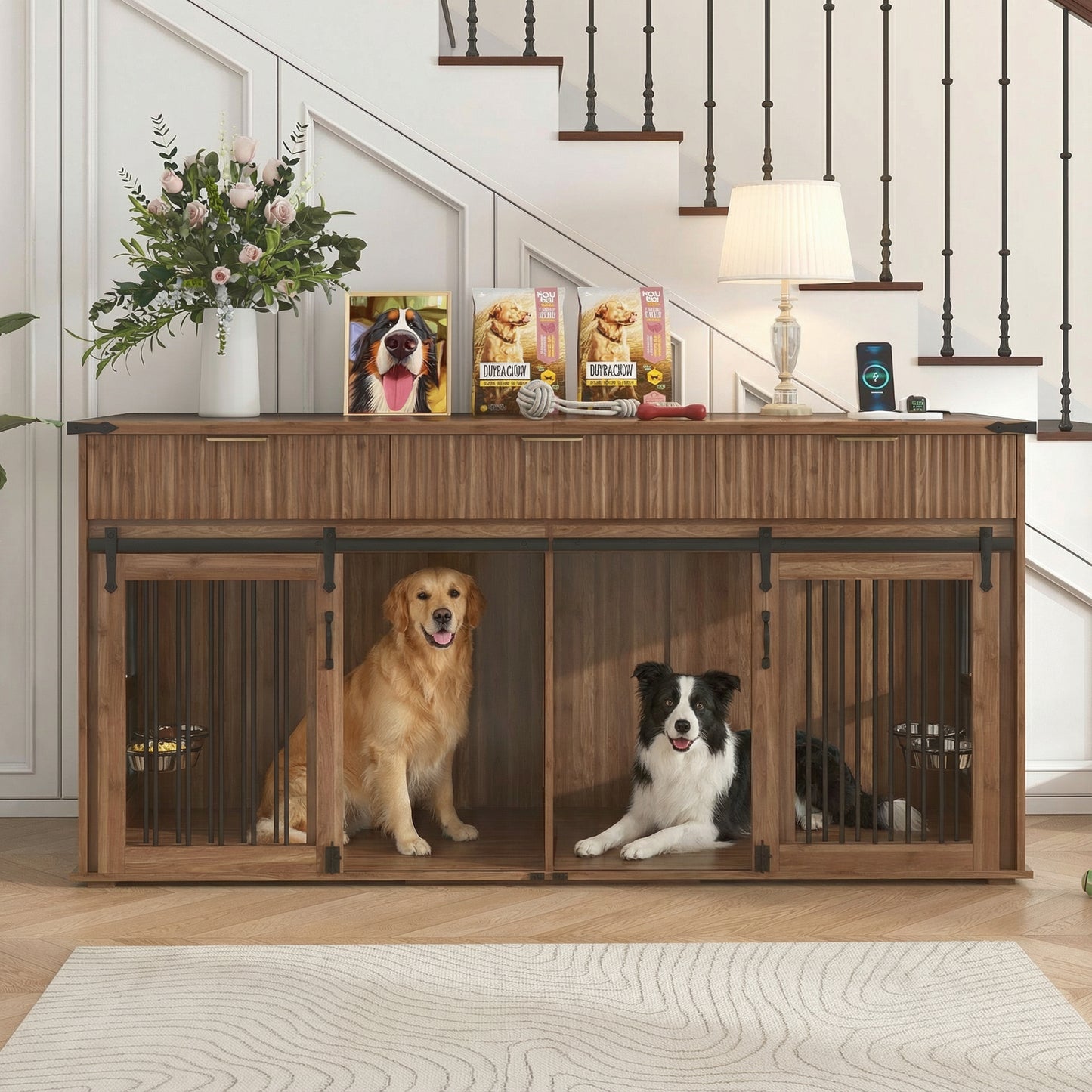 71 Furniture Style Double Dog Crate With 3 Fluted Drawers And