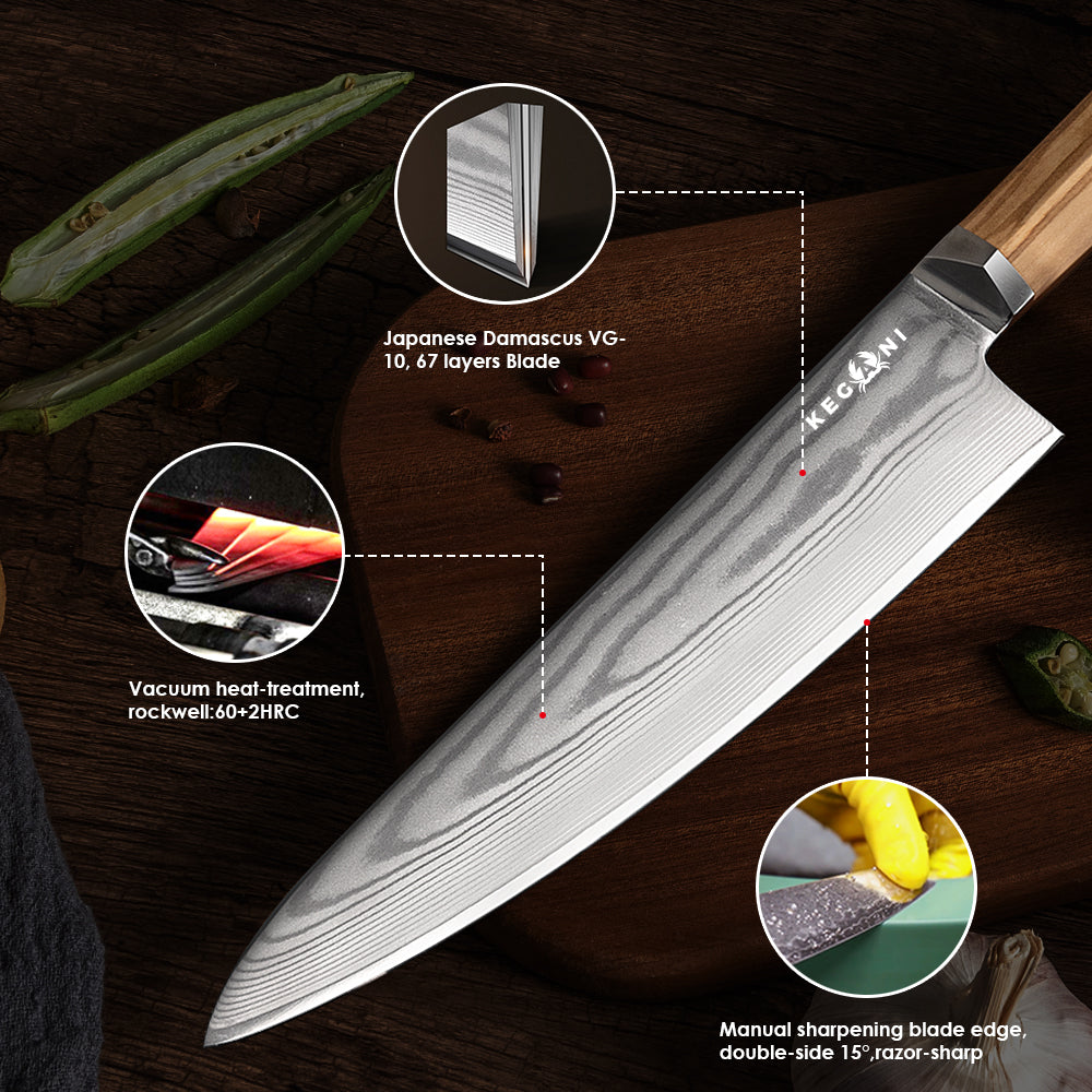 Japanese Kiritsuke Chef Knife - VG-10 Damascus Steel, Olive Wood Handle
