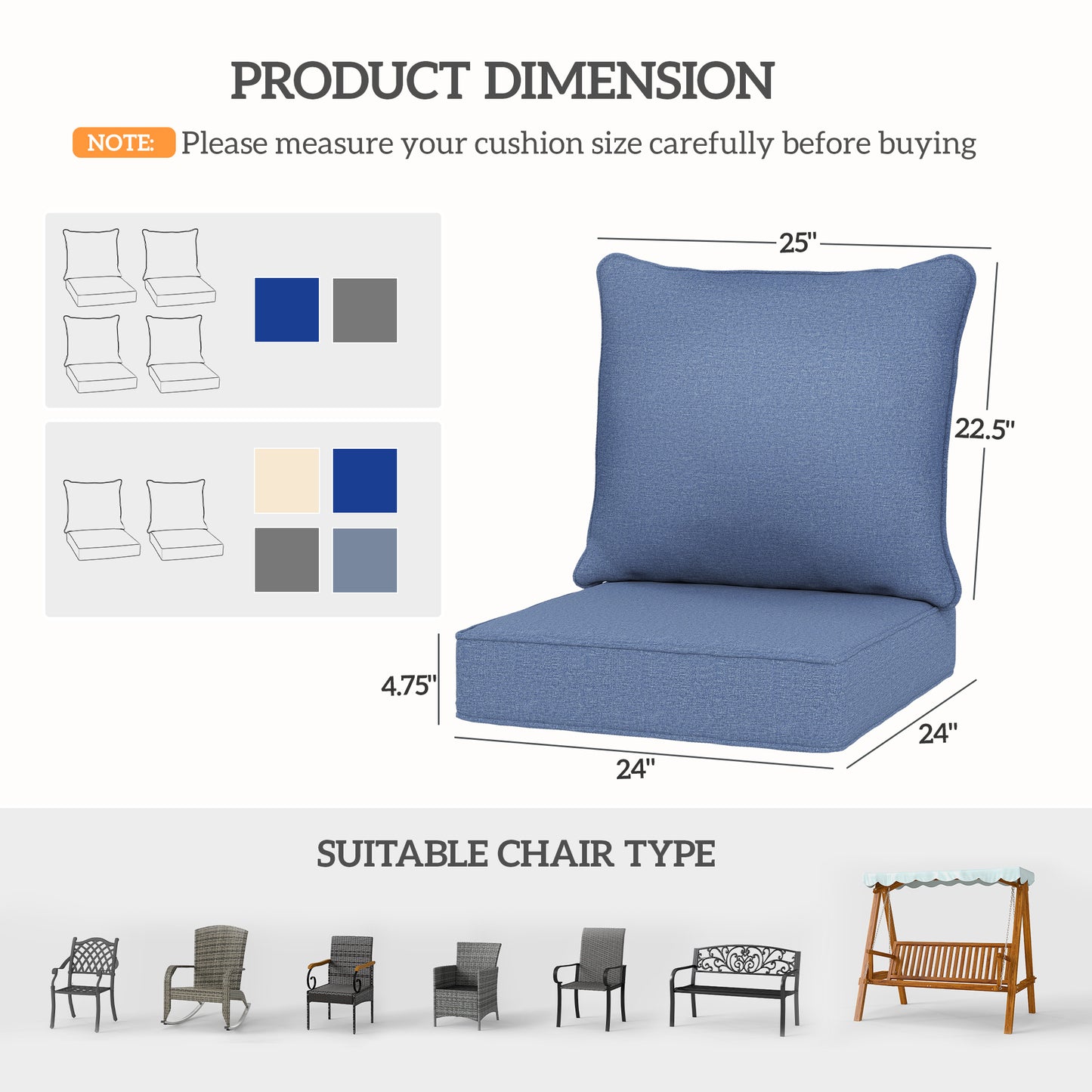 Outdoor Patio Chair Cushions Set of 2 - Blue Fade Resistant