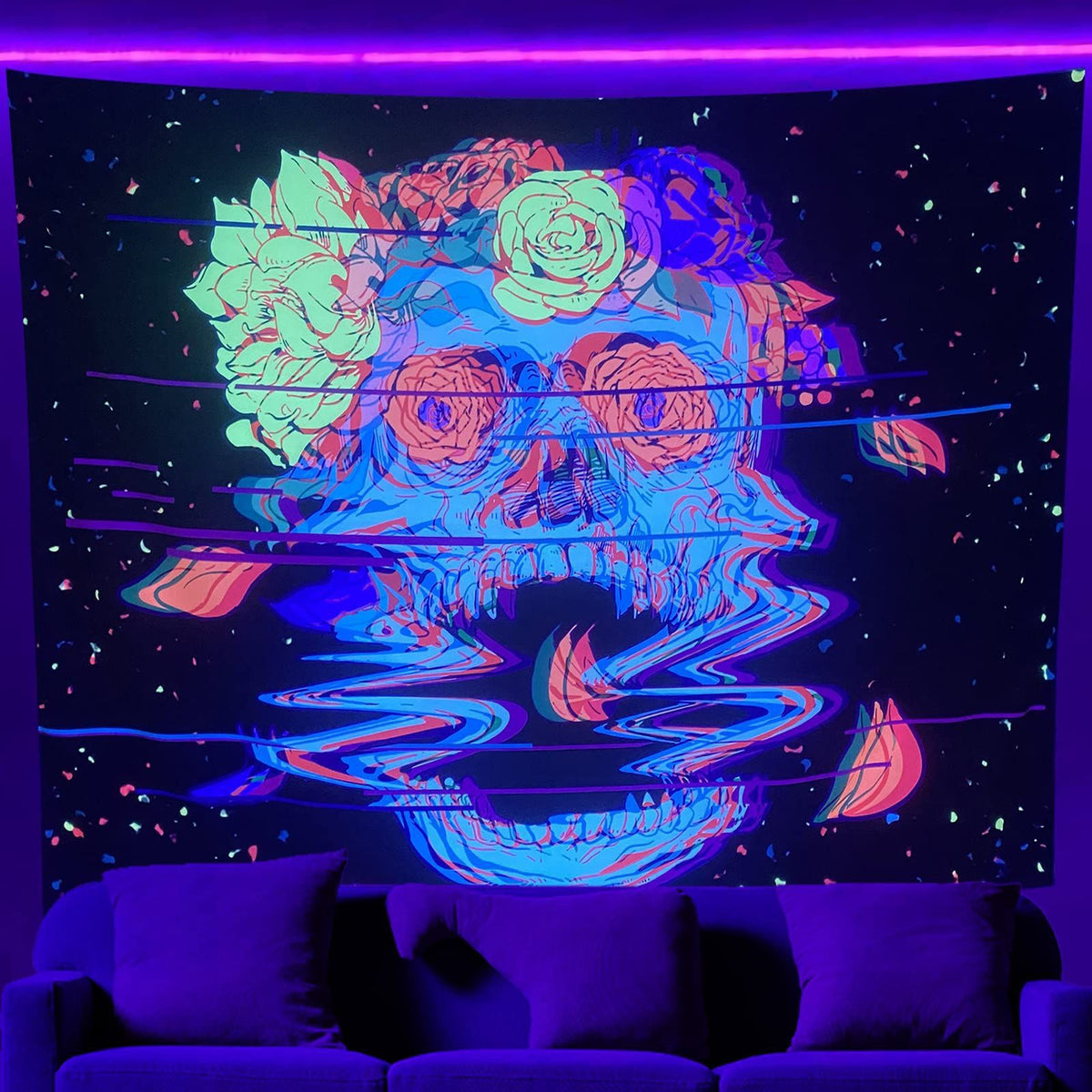 UV Fluorescent Tapestry Skull Flower Eye Design Modern Wall Art
