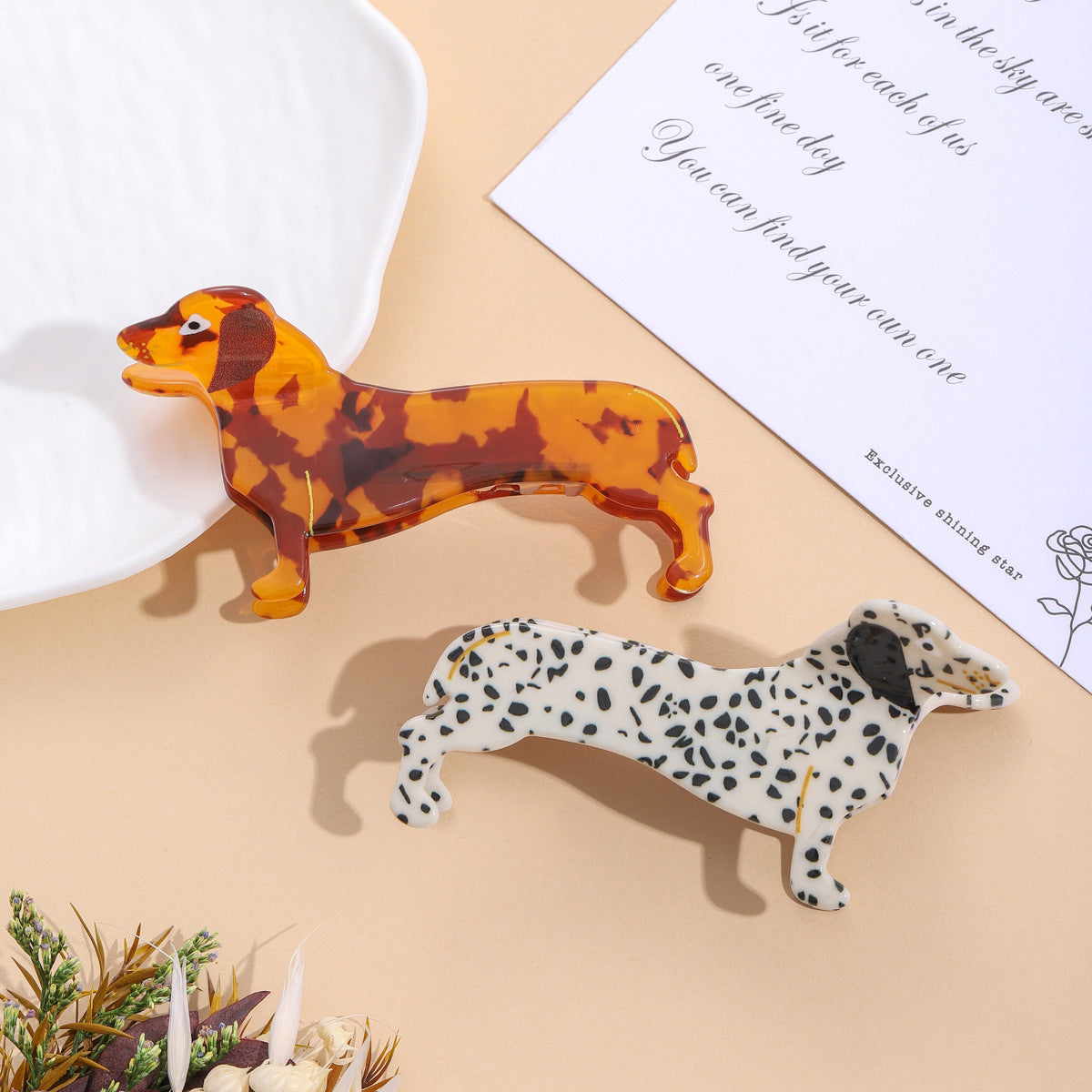 Dachshund Acrylic Hair Clip - Puppy Hair Accessory, Spotted & Leopard Dog Styles