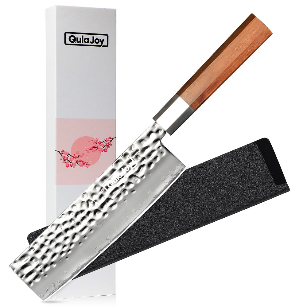 Japanese Nakiri Knife - 7-Inch Hammered Steel Blade with Olivewood Handle