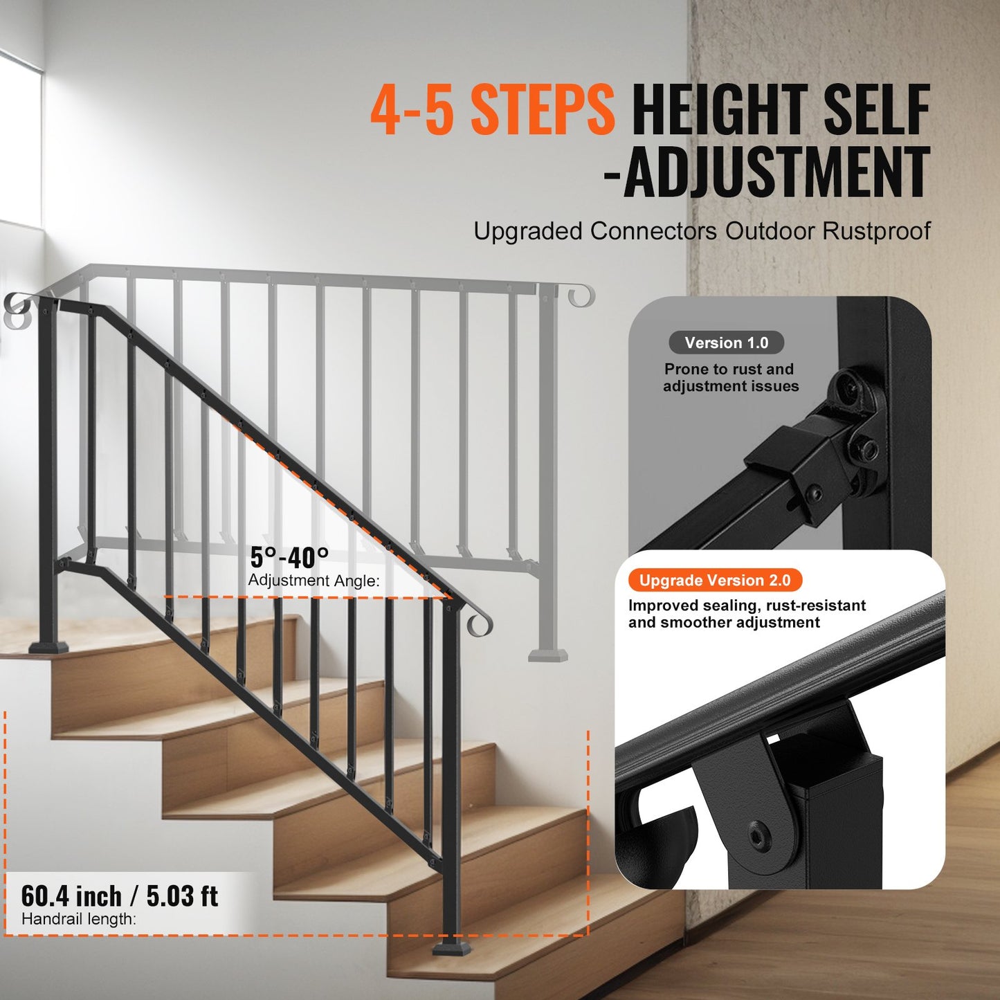 Outdoor Handrail for Steps - Black 5-6 Step Porch Deck Railing for Seniors