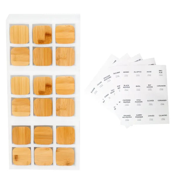 18 PCS Square Seasoning Jars - Bamboo & Glass Spice Containers