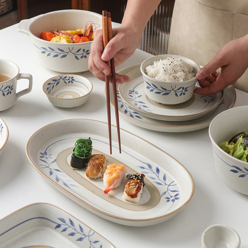 Retro Simple Rice Bowl Set - Household Kitchen Dinnerware with Flower Pattern