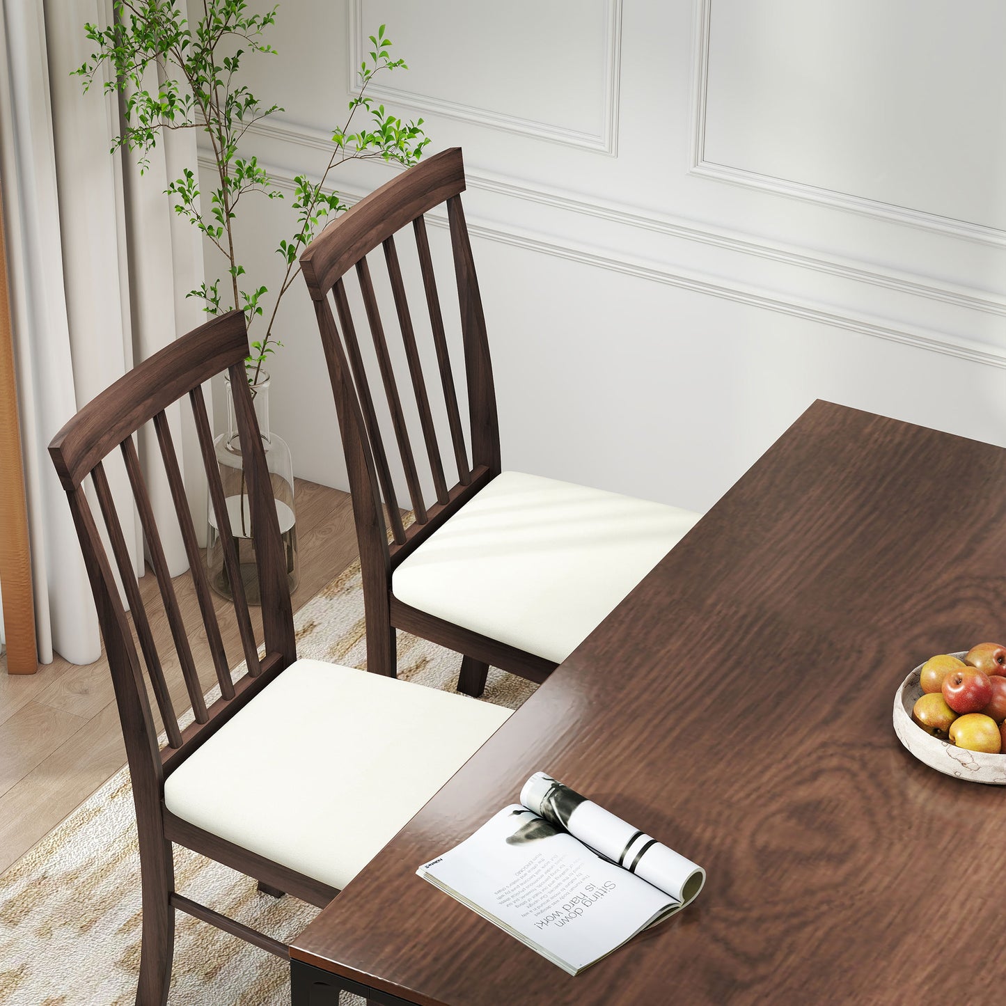 Set of 2 Upholstered Wooden Dining Chairs - Dark Brown & Beige