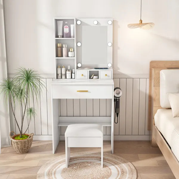 Compact Vanity Table with Mirror & LED Lights - White