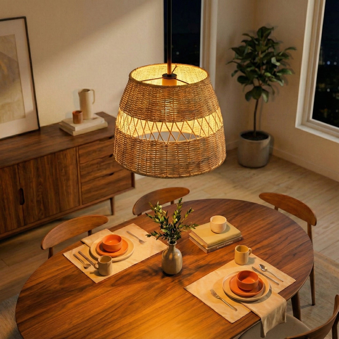Single Lights Pendant With Rattan Shade Black Metal Finish For