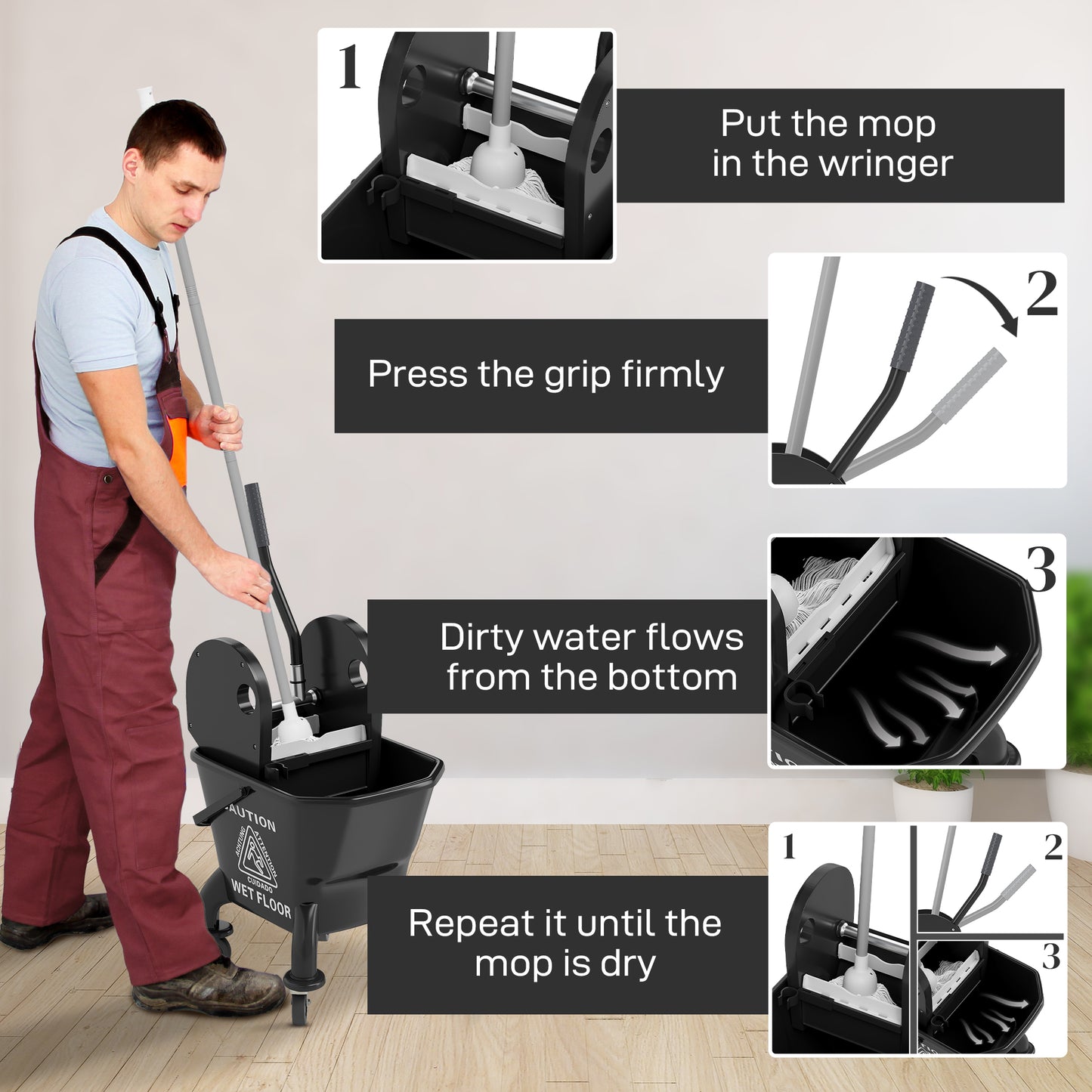 Floor Cleaning Mop Bucket with Wringer and Wheels - 27.5 Quart Black