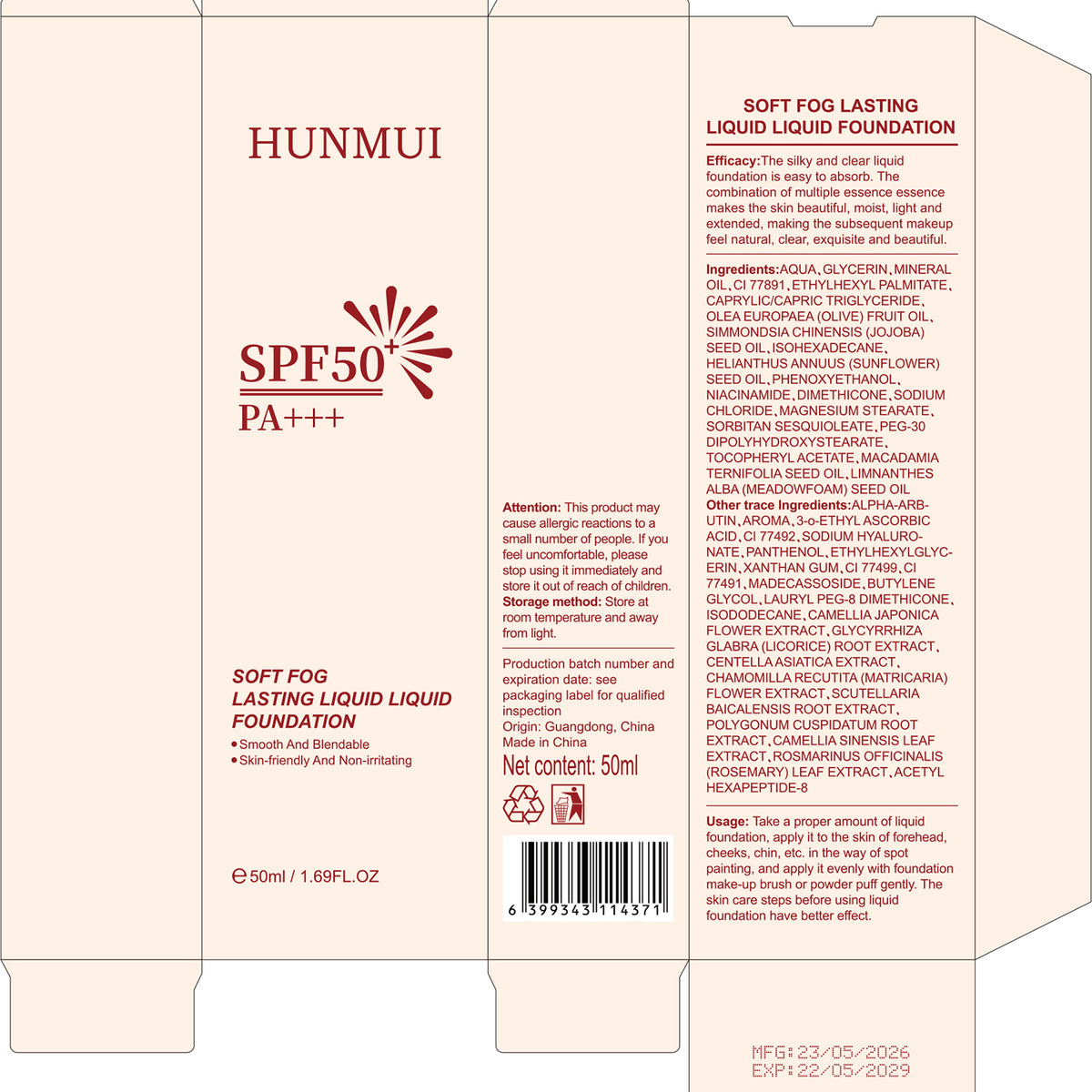 Soft Mist Sunscreen Liquid Foundation SPF50+ PA+++, 50ml