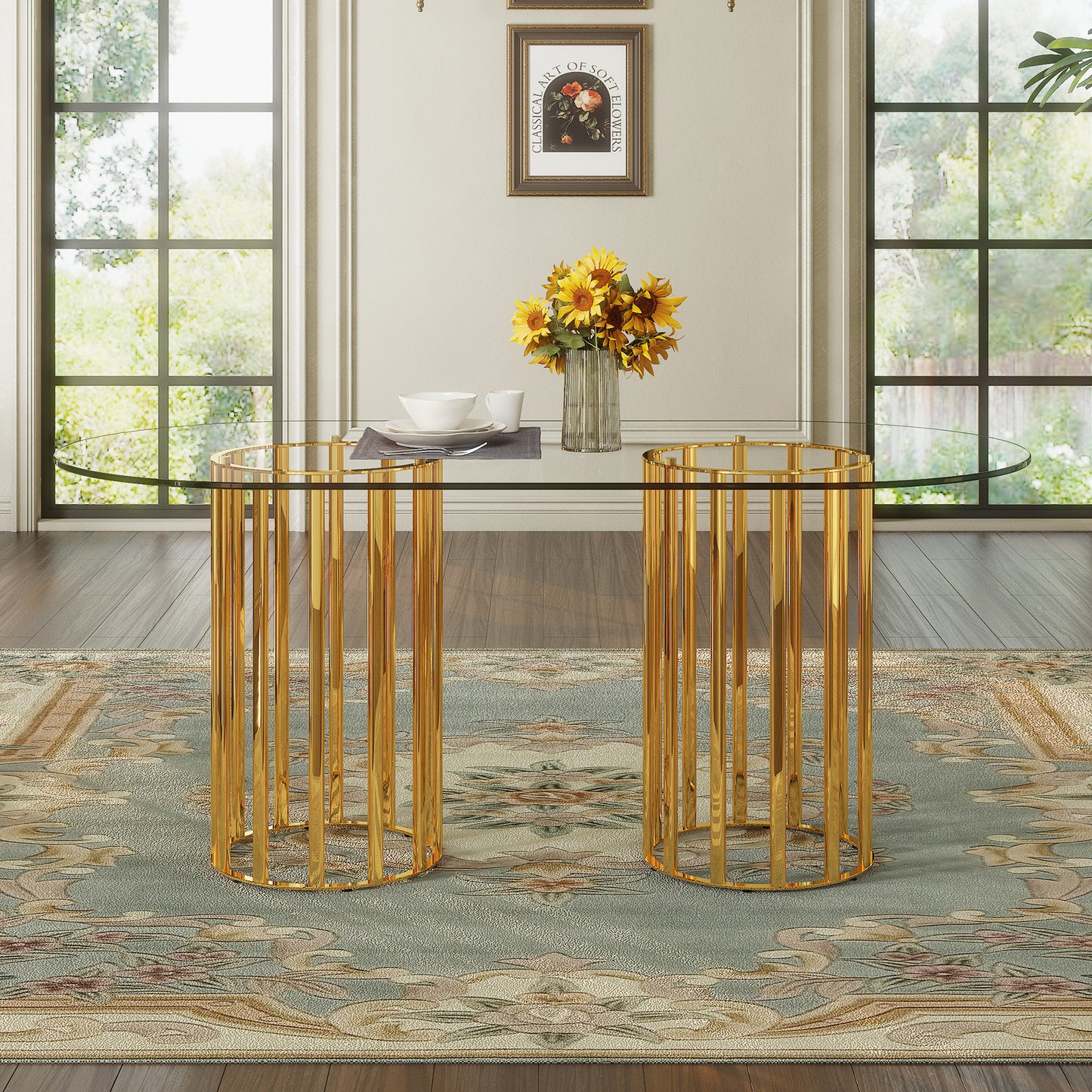 71 Inch Oval Tempered Glass Dining Table, Gold Double Column Light