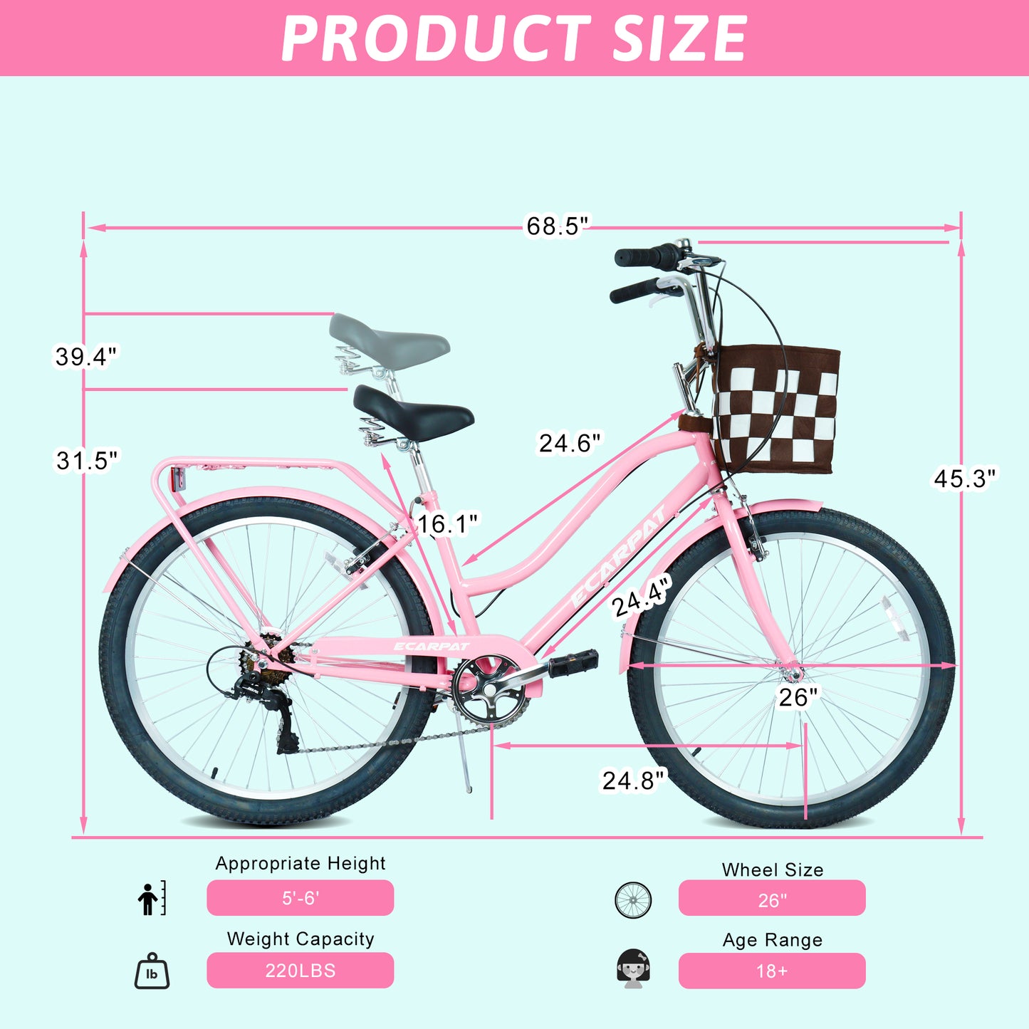26 Inch City Commuter Bike with 7-Speed Drivetrain & Basket