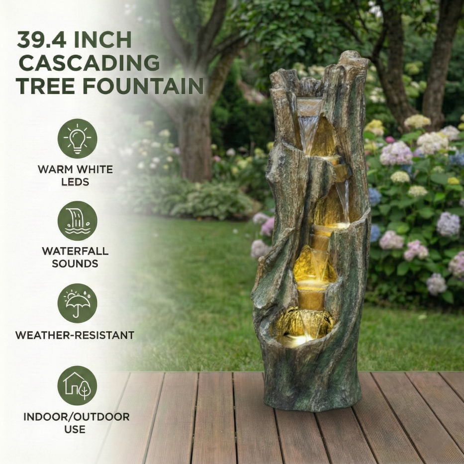 Outdoor Waterfall Fountain with LED Lights - Garden & Patio Decor, Grey