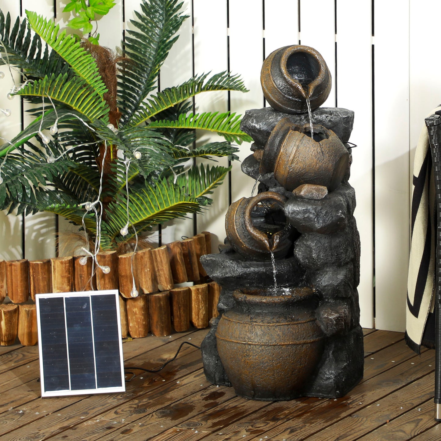 28.3-Inch Solar Water Fountain with LED Lights, 4-Tier Resin Cascading Jars Garden Decor