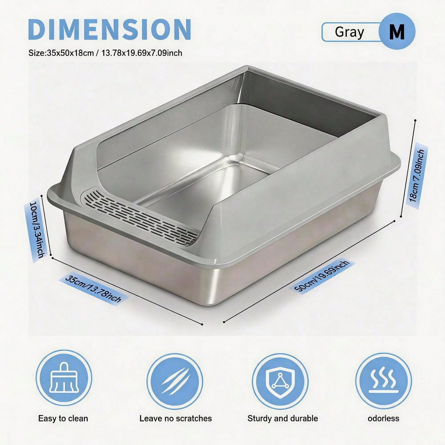 Stainless Steel Cat Litter Box Large Open Top Anti Splash & Odor Resistant