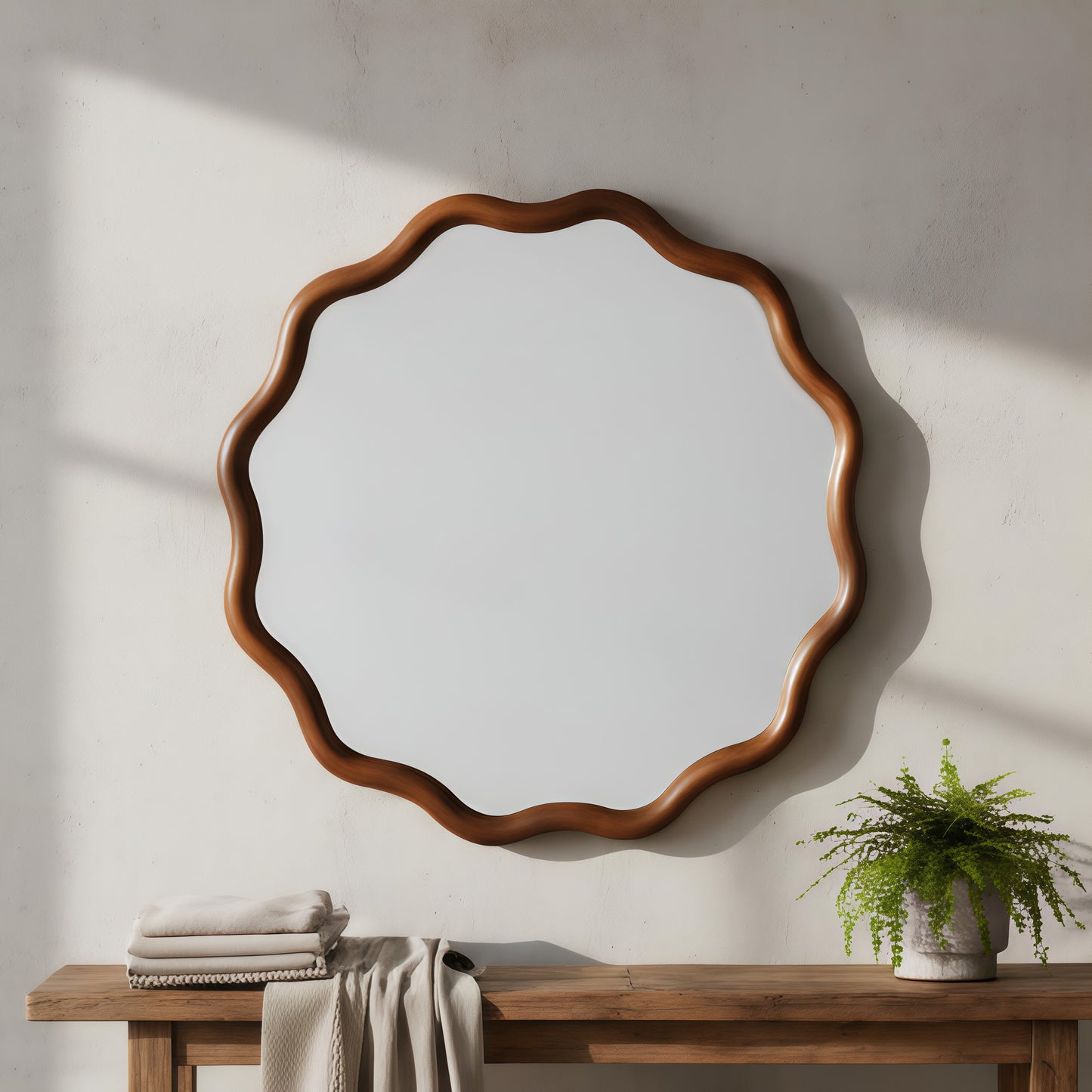 36-Inch Wavy Round Decorative Mirror - Black Walnut Frame