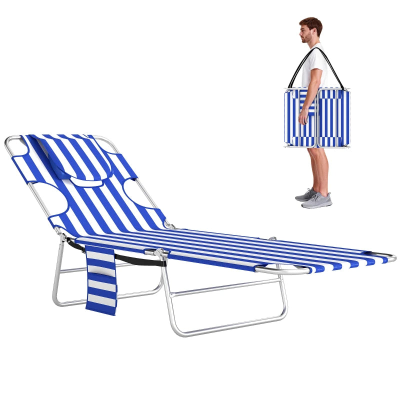 Adjustable Outdoor Chaise Lounge Chair with Face Hole - Blue Stripes