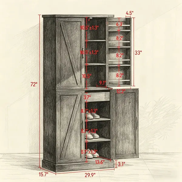 Rustic Barn-Style Storage Cabinet with Adjustable Shelves - 29.9" x 15.7" x 72"