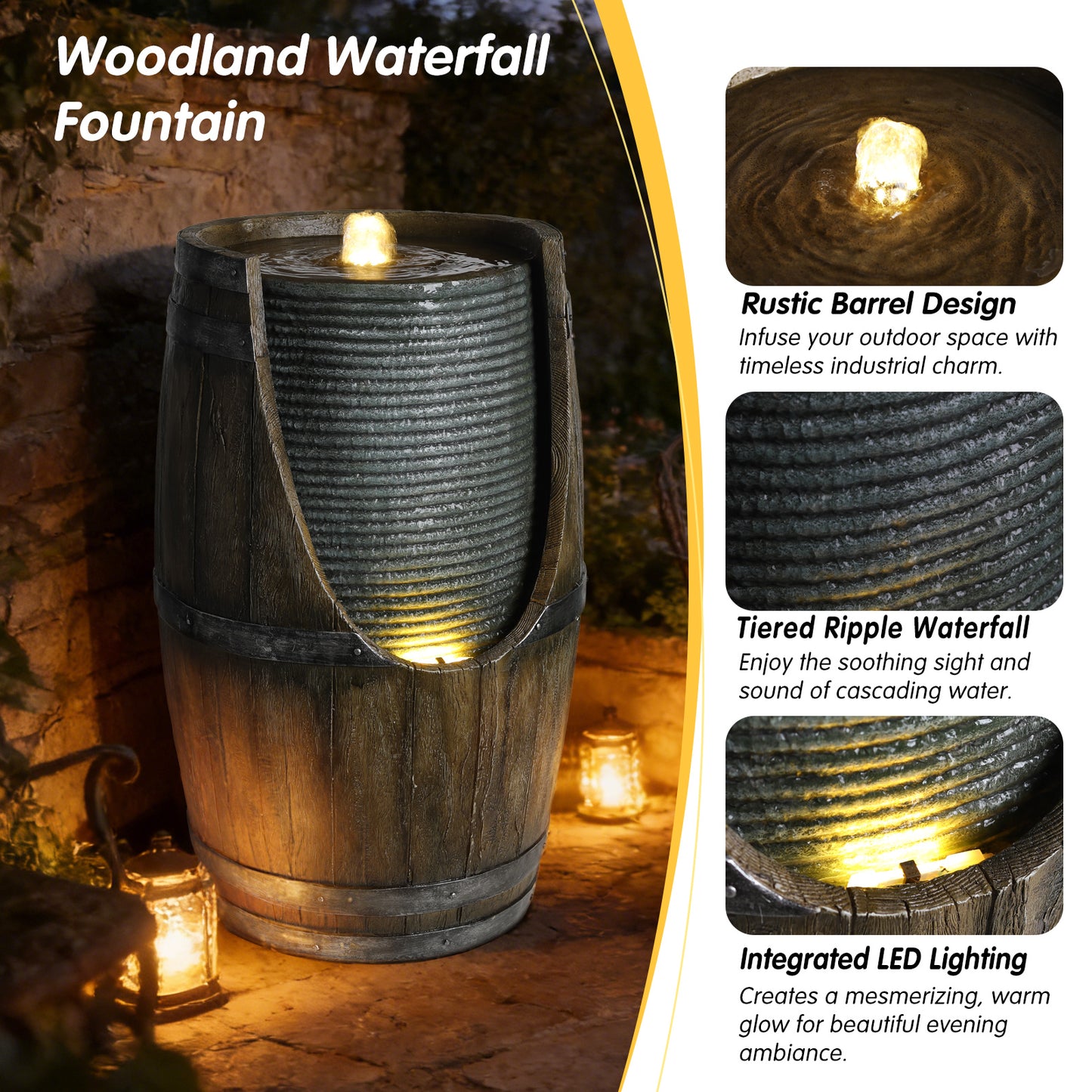 Outdoor Water Fountain with Bird Waterer - Rustic Barrel Garden Feature with LED Lights